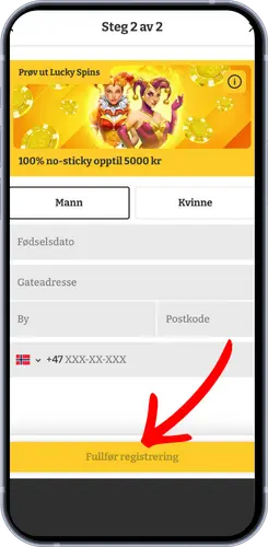 Steg 2 av 2 i registreringen hos Lucky Spins med kjønn, fødselsdato og adresse