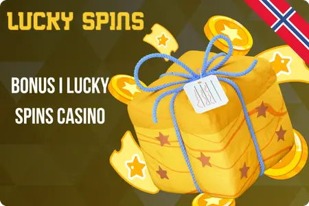 Velkomstpakke hos Lucky Spins illustrert med gavepakke og gullmynter