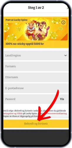 Steg 1 av 2 i registreringen hos Lucky Spins med navn, e-post og passord