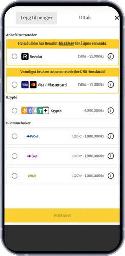 Innskuddsvinduet hos Lucky Spins med Visa, krypto og e-lommebøker