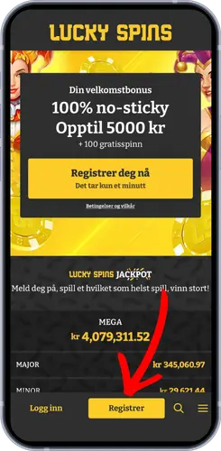 Hjemmesiden til Lucky Spins med velkomstbonus på 5 000 kr og jackpottavle